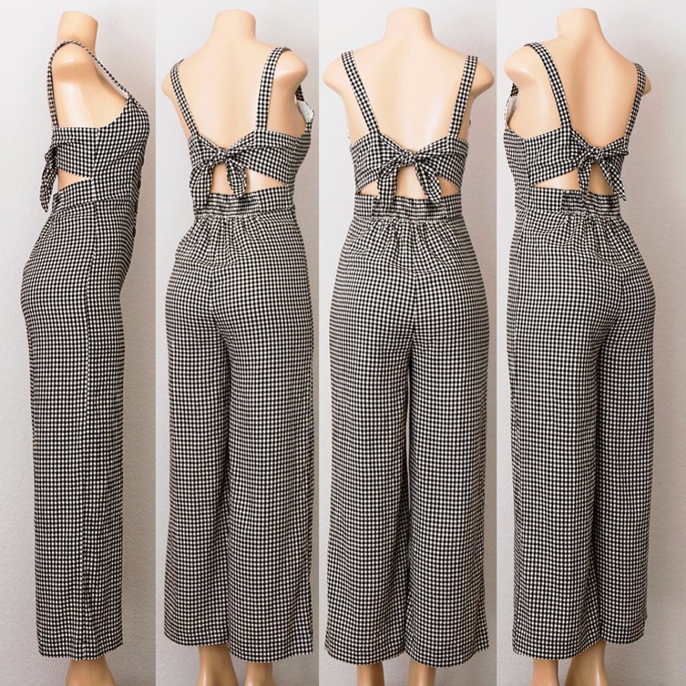 NEW Gingham Plaid Button Front Tie Back Jumpsuits - Picture 10 of 11